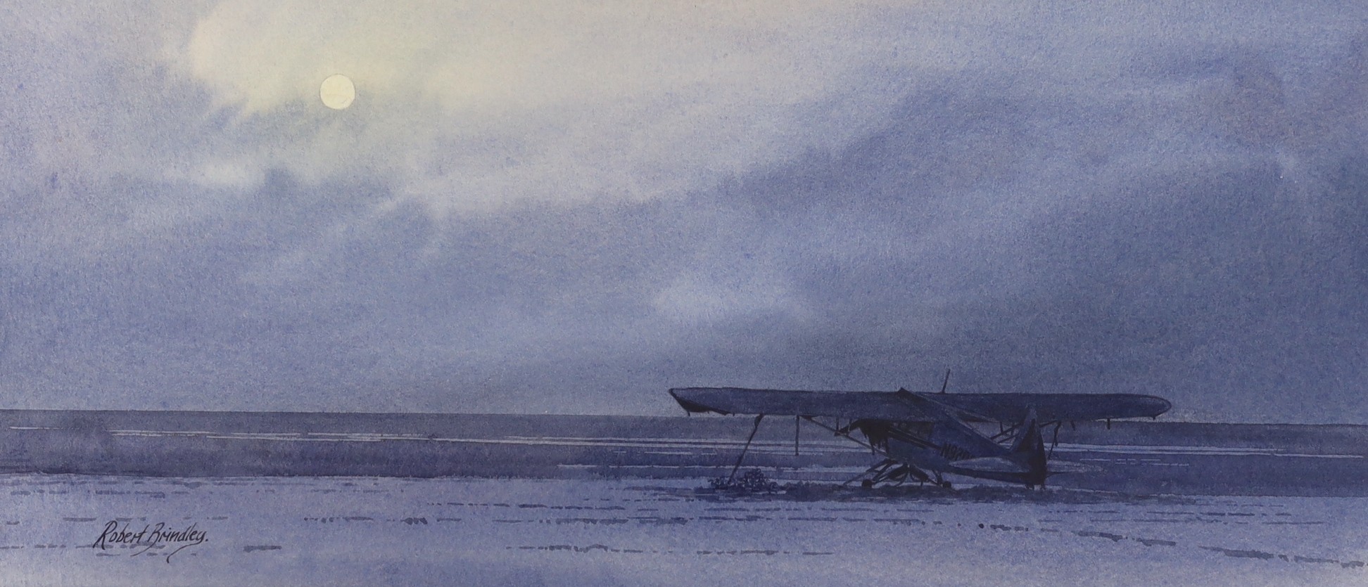 Robert Brindley (b.1949), watercolour, 'Blue Moon, Piper P3 Cub', signed, 17.5 x 40.5cm